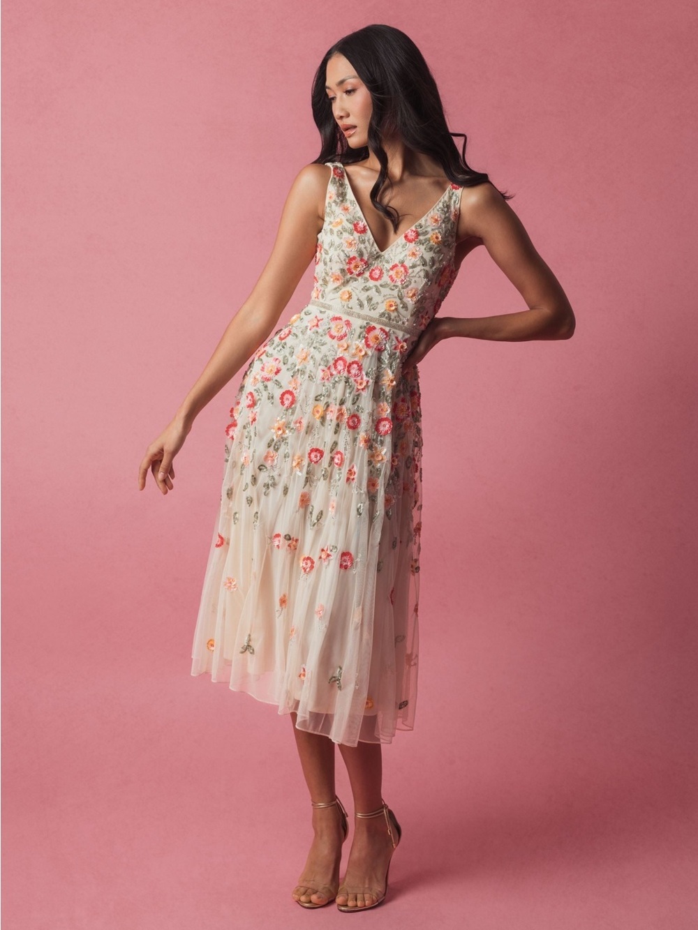 Mac Duggal 5527 White V-Neck Sleeveless Midi Floral Beaded A-line Dress Sz 2 NWT